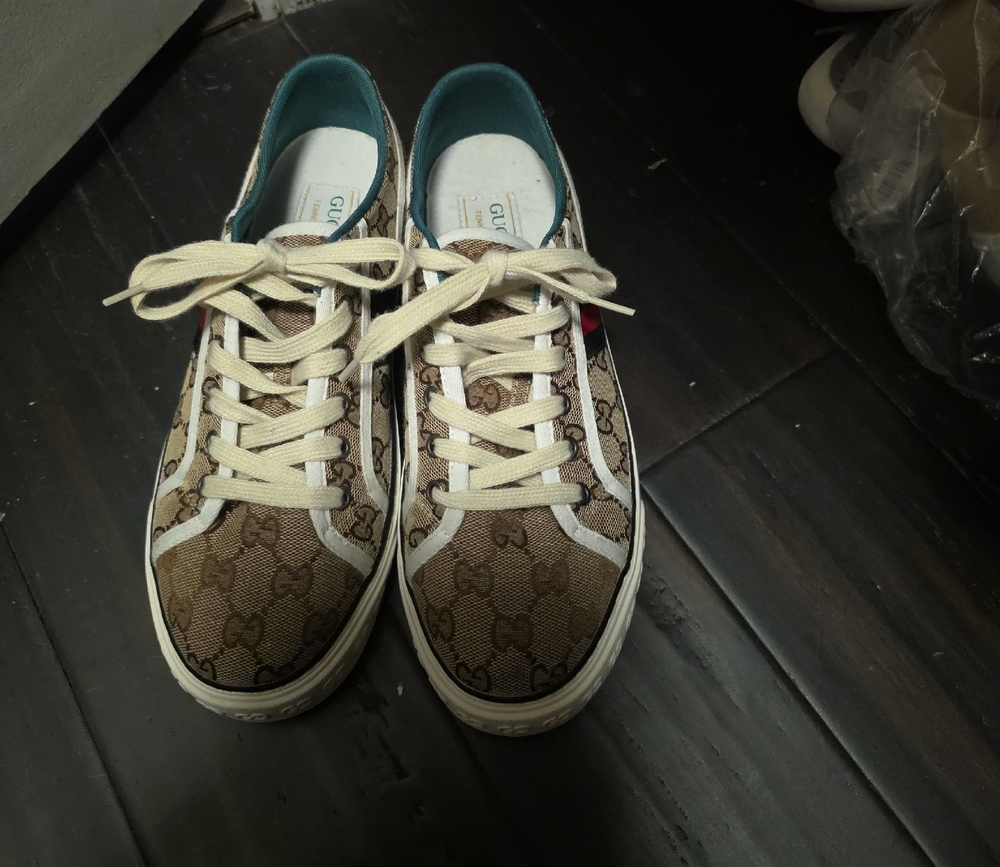 Gucci Beige Monogram Sneakers with Cream Laces